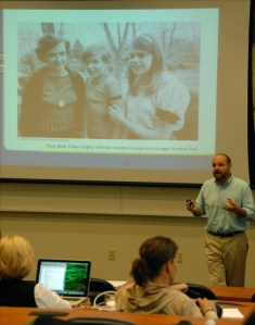 Mike Hiestand talks about the history of the Tinker case to participants at Reynolds Workshop at Kent State University in 2010. Pictured are the Tinker family, with Mary Beth Tinker on the right. [Photo by John Bowen. Used with permission]