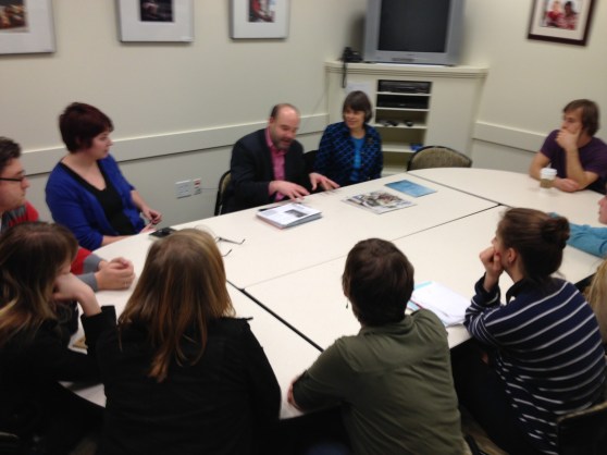 Mike Hiestand and Mary Beth Tinker meeting with editorial board of The Western Front at Western Washington University
