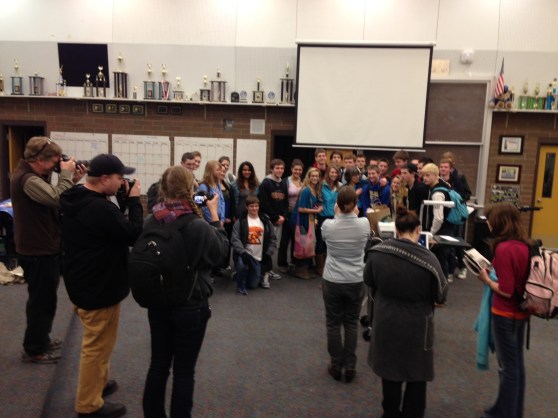 Local media covering Mary Beth's visit to Ferndale High School