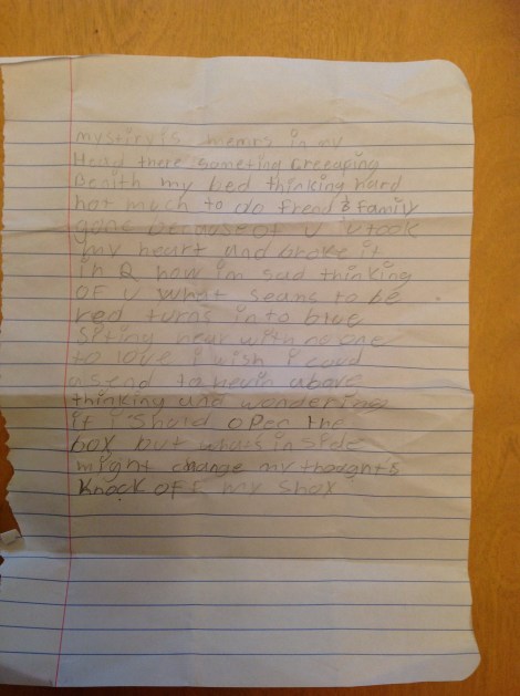 During the Tinker Tour's talk at the Summit County Adolescent Detention Facility, Kenny, one of the detainees gave an impromptu poetry ready and later presented the poem to Mary Beth Tinker