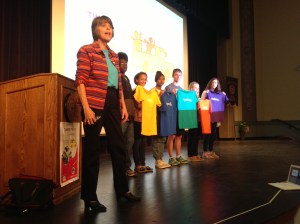 Mary Beth Tinker talks to students during the Tinker Tour's national free speech/press and civics education bus tour.