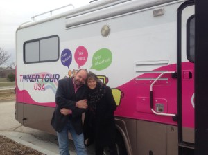Mike Hiestand, Mary Beth Tinker and "Gabby" the Tinker Tour bus during their fall free speech and civics education tour. The pair are raising money to take the tour to the West Coast this spring.