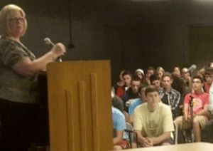 Cathy Kuhlmeier-Frey tells her story to students at Northport