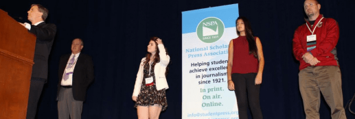 Frank LoMonte & Mark Goodman,  of the Student Press Law Center, presents Tanvi Kumar, former editor-in-chief of Cardinal Columns at Wisconsin’s Fond du Lac High School, and co-editors Gillian McGoldrick and Reed Hennessy of The Playwickian at Pennsylvania’s Neshaminy High School the Courage in Student Journalism award during the National High School Journalism Convention on Nov. 9 in Washington, D.C.