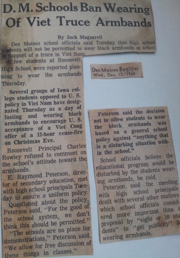 The DM Register article from 12/15/65 announcing the ban on armbands