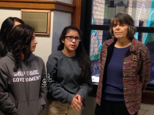 Student council member, Jocelyn, explains to WHO reporter that "an issue I'm standing up for is higher pay for workers so my mom doesn't have to work 2 jobs, and I can see her more."